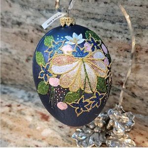 Set of 2 Polish Egg Shaped glass blown floral ornaments